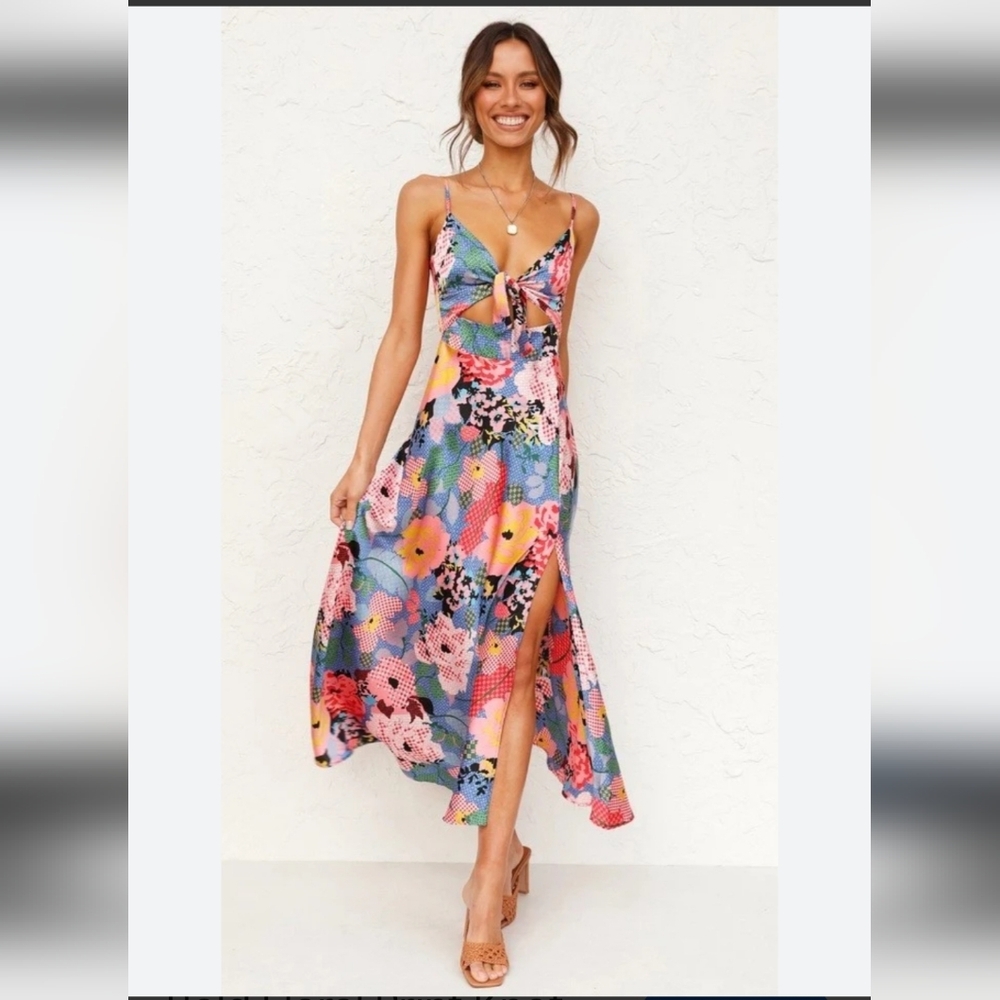 #1362 Shein Floral Tie-Front Maxi Dress in Multicolor